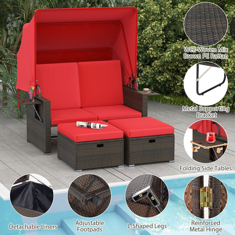 Lit de jour en rotin avec dossiers réglables et auvent rétractable pour patio, Rouge