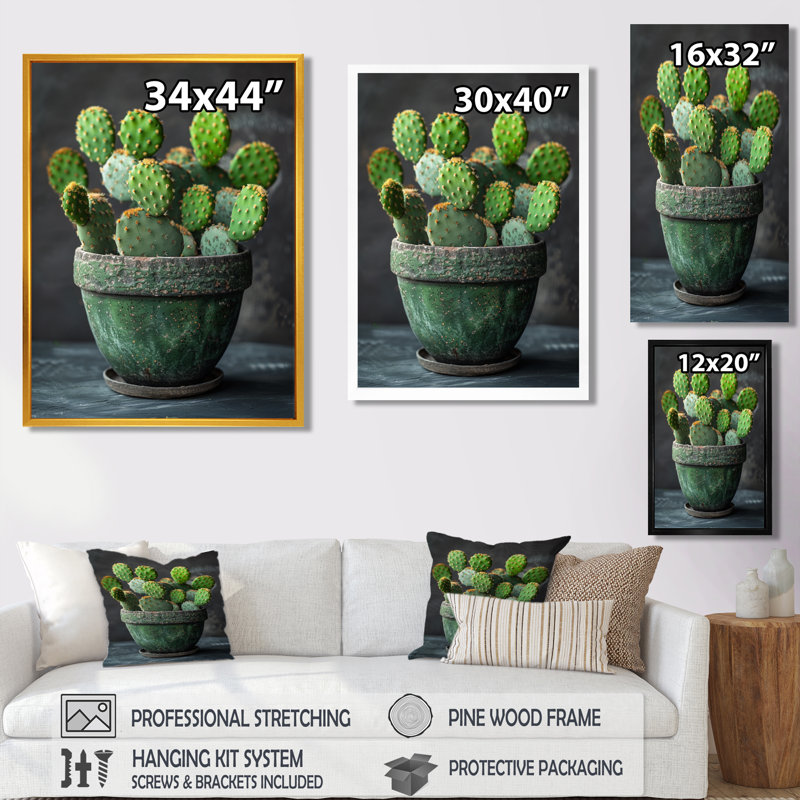 Cactus vert en pot maison de campagne - décoration murale cactus floral, Toile tendue, H 32 po x l 16 po x P 1 po