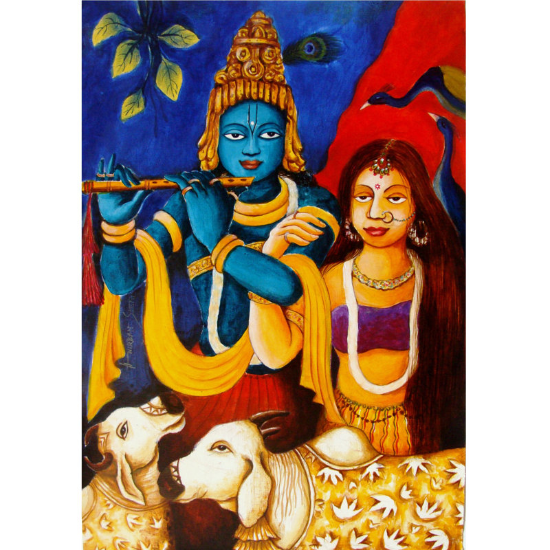 Radhey Krishna jouant de la flûte avec des veaux | Acrylique sur papier | Par Anirban Seth