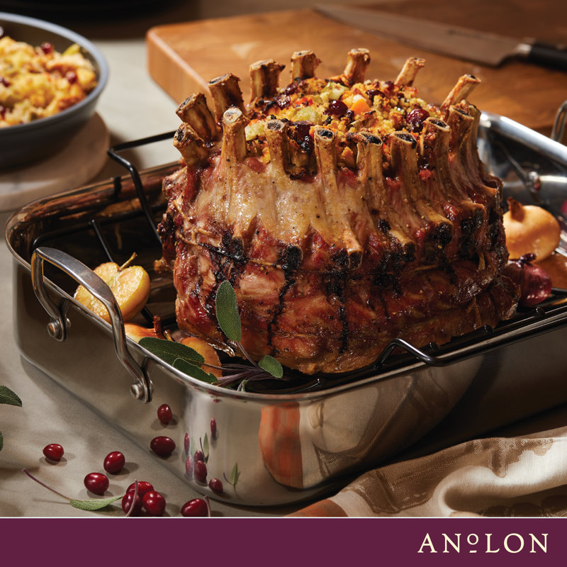 Anolon Tri-Ply Clad Stainless Steel Roaster / Roasting Pan with Nonstick Rack, 17-Inch x 12.5-Inch