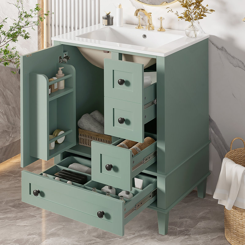 Meuble-lavabo de salle de bain avec lavabo en céramique, tiroirs à fermeture en douceur et une porte à fermeture en douceur