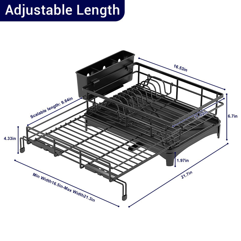 Extendable Dish Rack with Cutlery Holder,Dish Drying Rack, Anti-Rust Black Dish Racks for Kitchen Counter