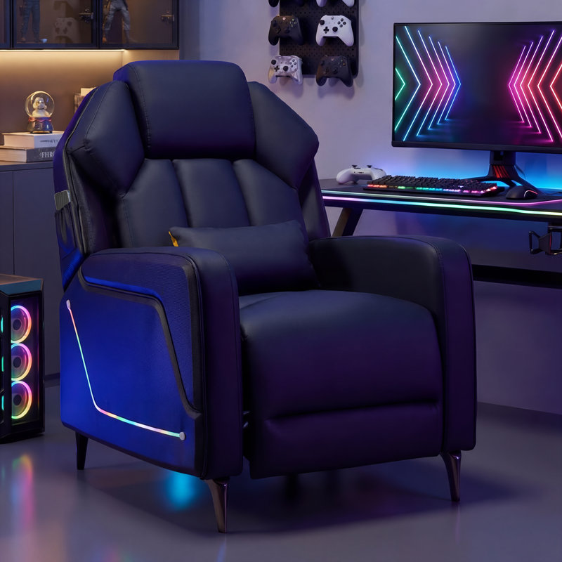 Gaming PC & Racing with RGB LED Lights, Manual Push-Back Recliner with Footrest, PU Leather High-Back Gaming Chair for Home Theater Game Room Living Room (Black)