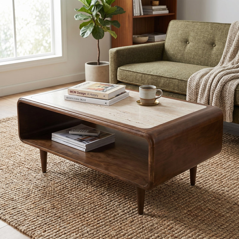 Table basse en bois de manguier et en travertine Adonia