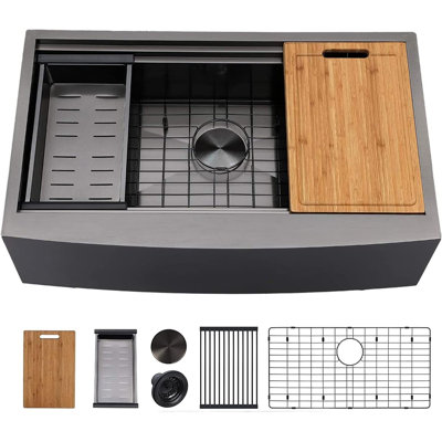 33 Inch Black Farmhouse Sink,Stainless Steel Single Bowl Farmhouse Kitchen Apron Front Farm Sink With Workstation Ledge And Accessories