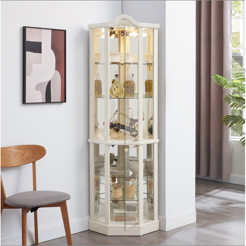 Vitrine d'angle vitrée avec vitrine d'angle lumineuse, vitrine avec lumière (incluse), bar à vin, armoire à vin avec tablettes réglables en verre, décoration sculptée BLANC, lumière (incluse)