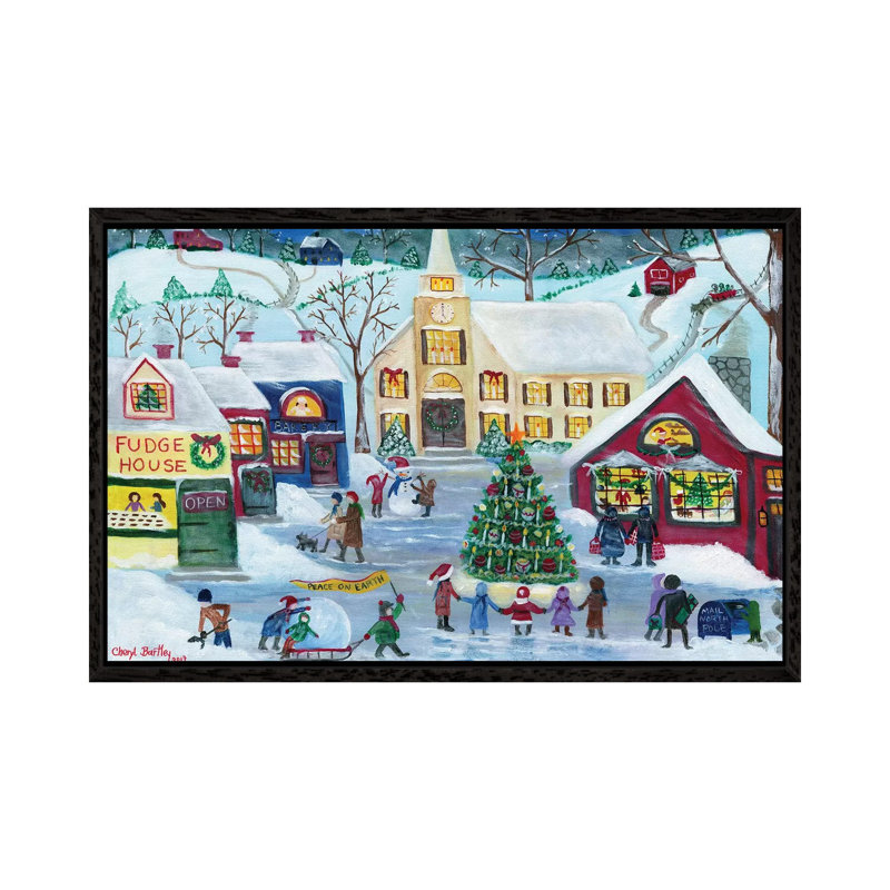 Christmas Holiday Shopping Village by Cheryl Bartley - Print on Canvas, Black Framed, 66.04 cm H x 45.72 cm W
