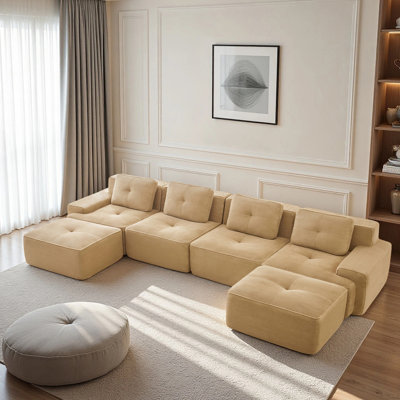 152.8” Boneless Couches For Living Room, Modular Sectional Sofa With U-Shape Chaise, 4 Seater Comfy Upholstered Deep Seat Corduroy Fabric Cloud Couch No Assembly, Anti-Slip Design​