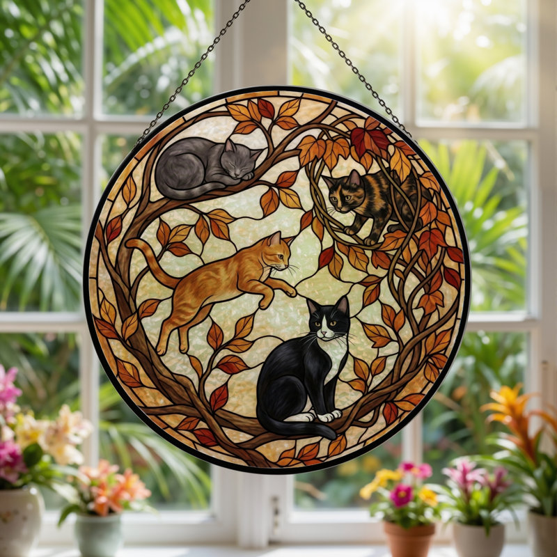 Cats Tree Stained Glass Window Panel，7.8H, 7.8"H