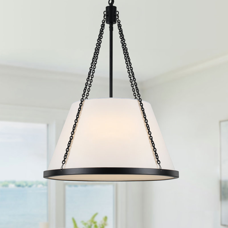 4-Light 18.9" Dimmable Fabric White Drum Shade Chandelier With Industrial Metal Frame For Kitchen Island Dining Room