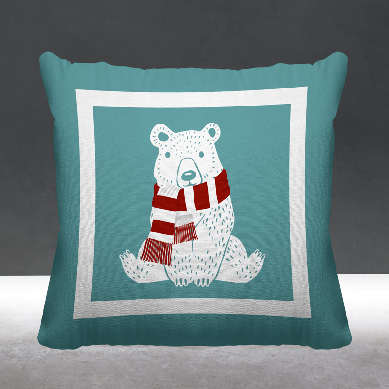 Coussin intérieur / extérieur Folk Christmas Bear, L 19 po x H 19 po, Ciel