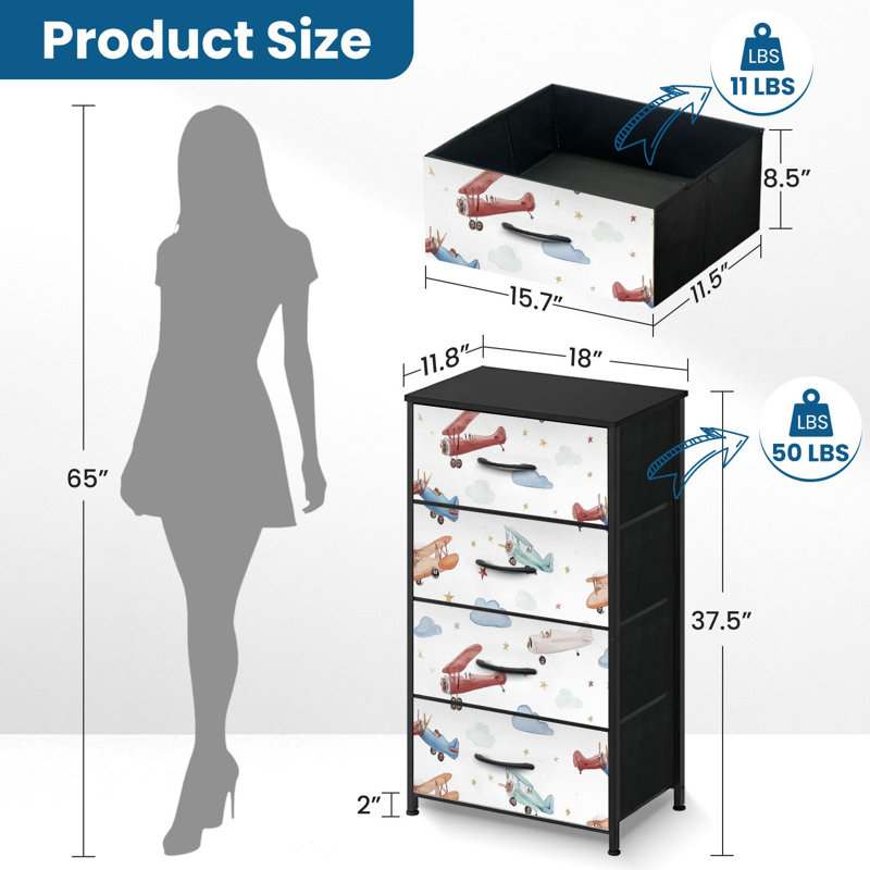 4 Drawer Dresser for Bedroom, Narrow Chest of Drawers, Wooden Top and Study Iron Frame 18"x37.5"-(WxH)