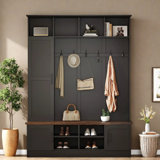 3-in-1 Hall Tree With 6 Hooks, Bench, Left Cabinet With Adjustable Shelves And Open Compartments