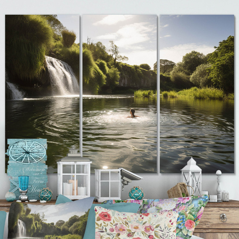 " Idyllic Bathing In Paradise Lake With Waterfall II " 3 - Pieces, 32" H x 48" W x 1" D