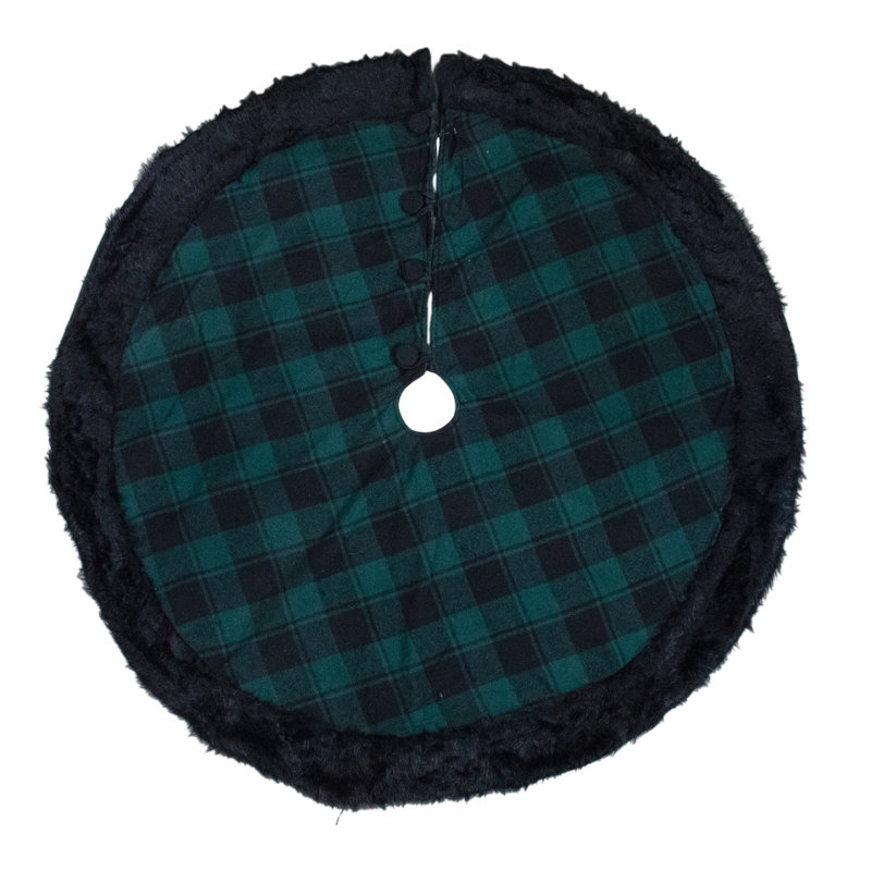 Jupe d'arbre de Noël écossais vert et noir 48 po avec fausse fourrure