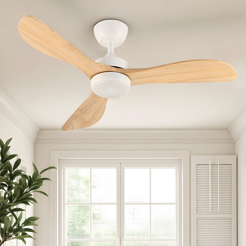 42" 3 - Blade Small Room Ceiling Fan with LED Light and Remote, White with Light Yellow Wood Blades