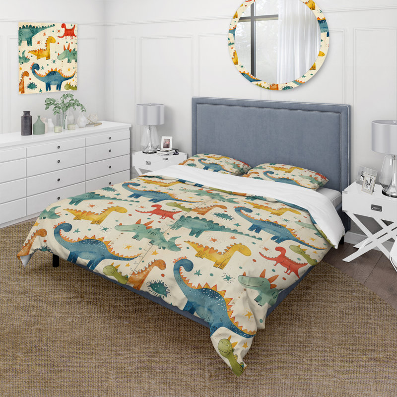 Ensemble de housse de couette jaune et vert pour enfants, motif de dinosaures I