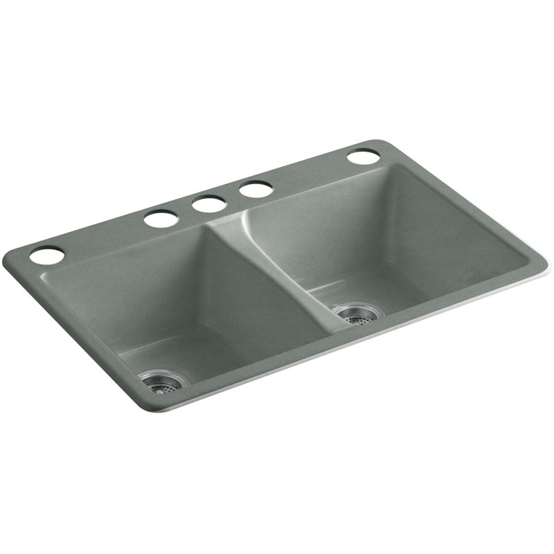 Deerfield 33" L x 22" W Double Basin Drop-In Kitchen Sink with Accessories, 5 Hole, Ice Grey