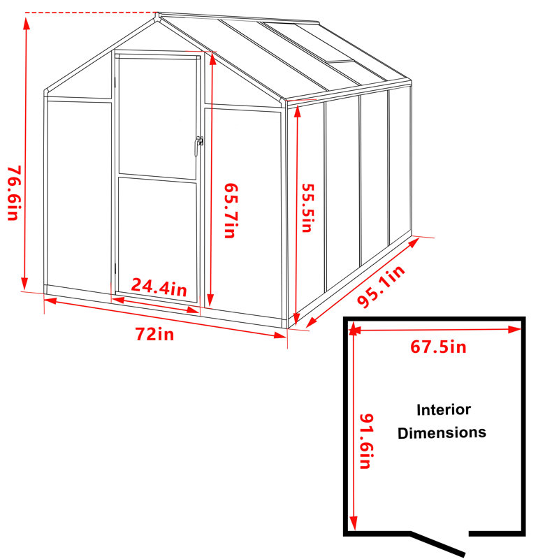 Aluminum Polycarbonate Greenhouse for Outdoor, 76.6" H x 72" W x 96" D, Gray