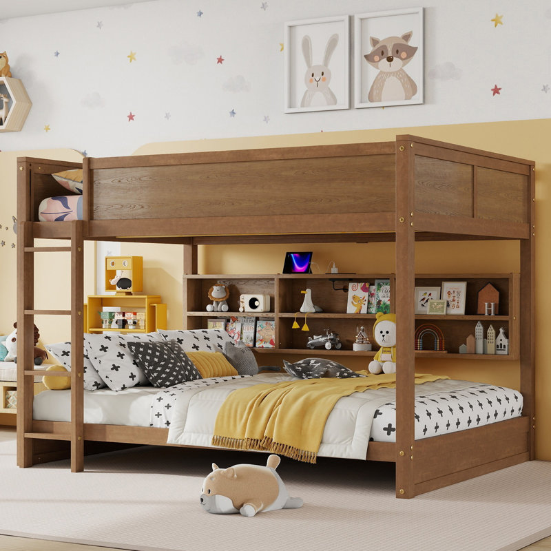 Queen Bunk Bed With Charging Station & Large Storage Cabinets, Wheat