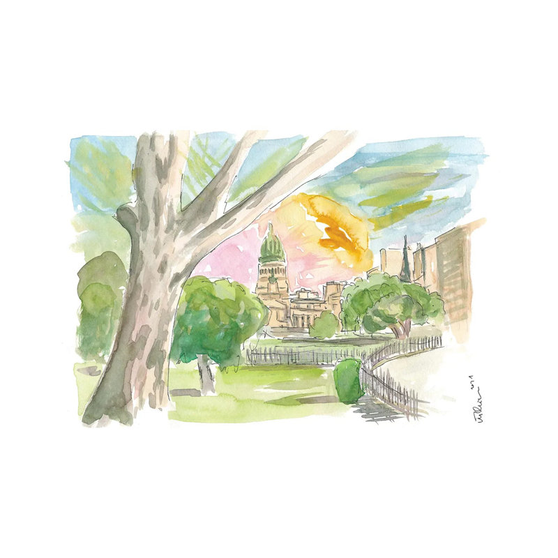 Buenos Aires Relaxing In Park With Congress View By Markus & Martina Bleichner - Wrapped Canvas Painting by Markus & Martina Bleichner - Wrapped Canvas Painting