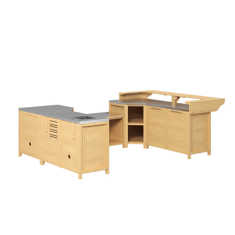 Ensemble de cuisine extérieure en cèdre naturel en forme de U, 6 pièces, avec évier, espace barbecue, double rangement d'angle et bar.