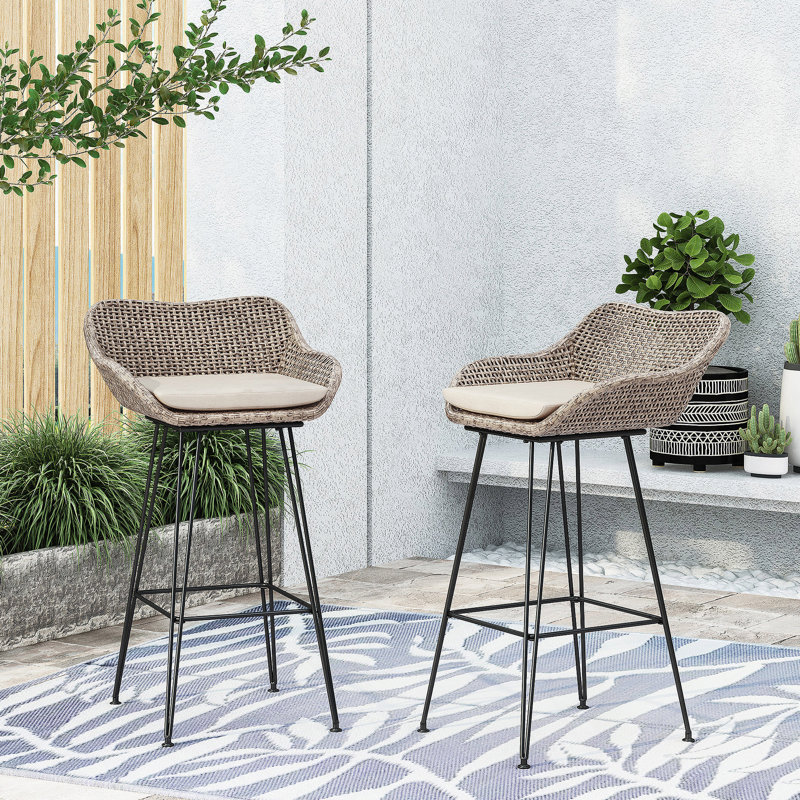 PE Rattan Bar Stool With Comfortable Cushions And Durable Metal Hairpin Legs For Outdoor Use