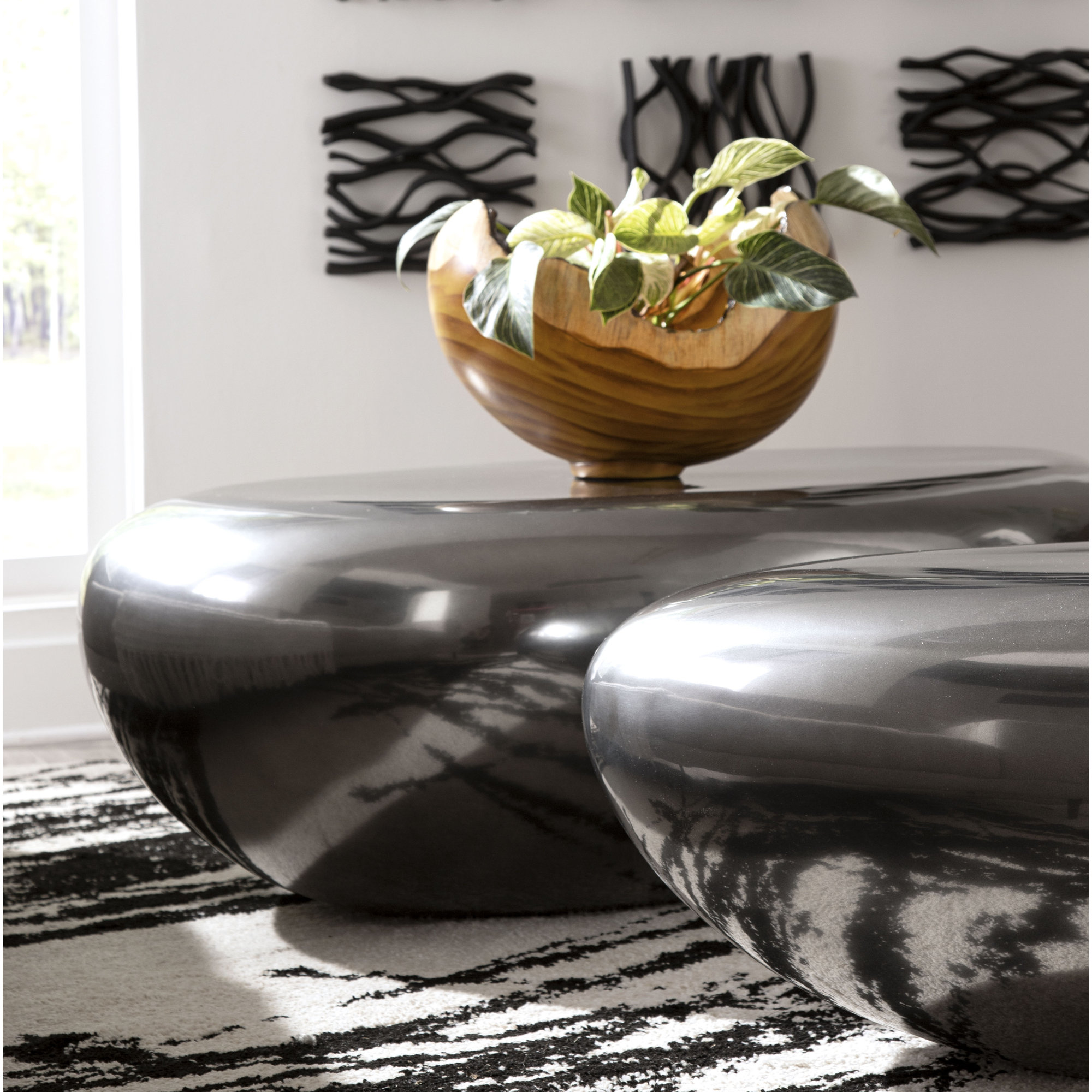 Polished Aluminum River Stone Solid Coffee Table, 16" H x 54" L x 34" W, Polished Aluminum