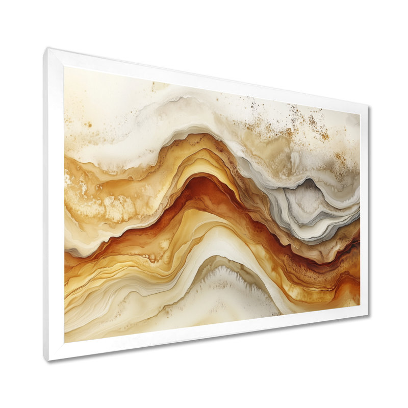 Caramel Beige Warm Earth Marble Wave Flow - Tableau abstrait encadré, H 16 po x l 32 po, White Picture Framed