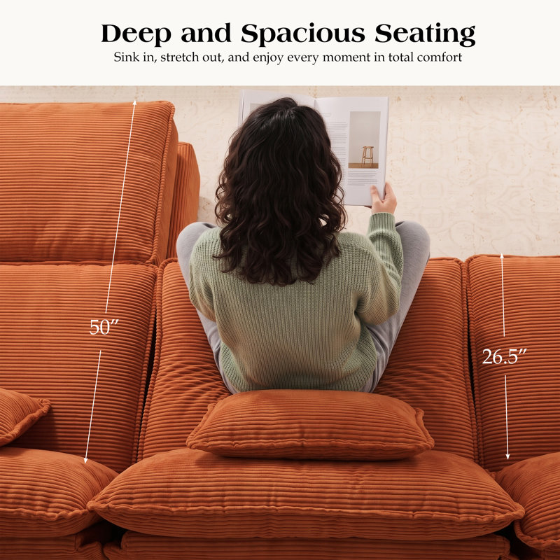 Canapé modulaire en forme de U de 120 po de largeur avec siège profond, orange, Orange Corduroy