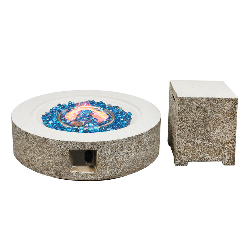 42 in. Round Magnesium Oxide Outdoor Fire Pit Table with Tank Cover and Rain Cover, Beige