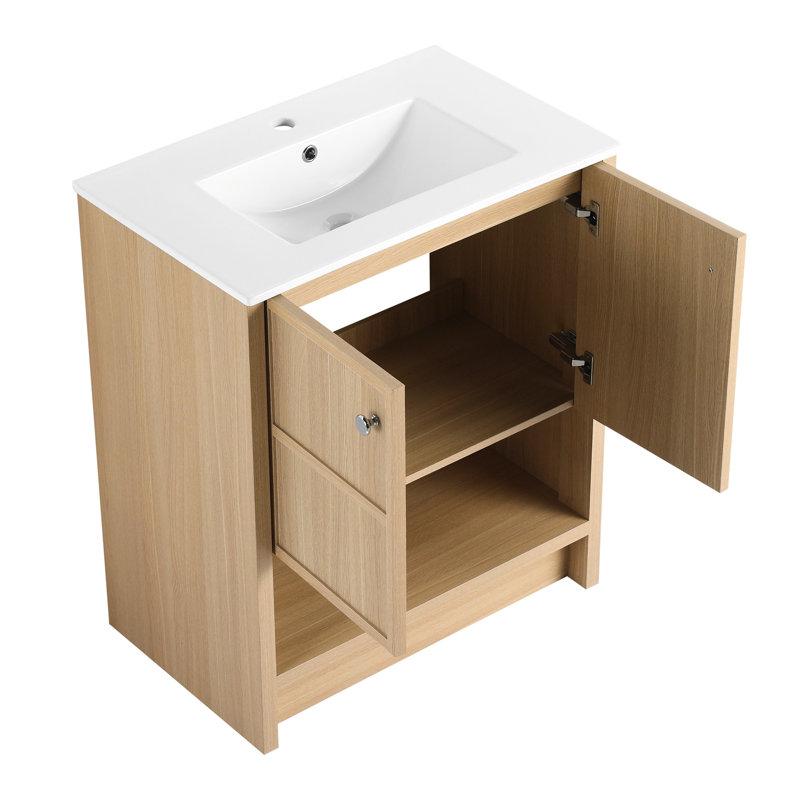 Meuble-lavabo sur pied autoportant, 30 po, lavabo en céramique, armoire en chêne pratique, surface lisse en contreplaqué, 30"