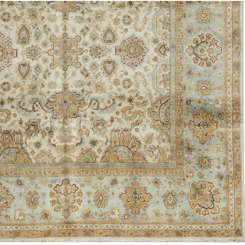 Tapis crème et bleu clair noué à la main de haute qualité
