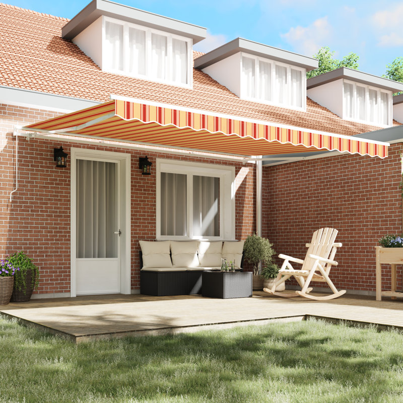 Brayden Studio Retractable Patio Awning, 450 cm W x 350 cm D, Yellow/Orange Striped
