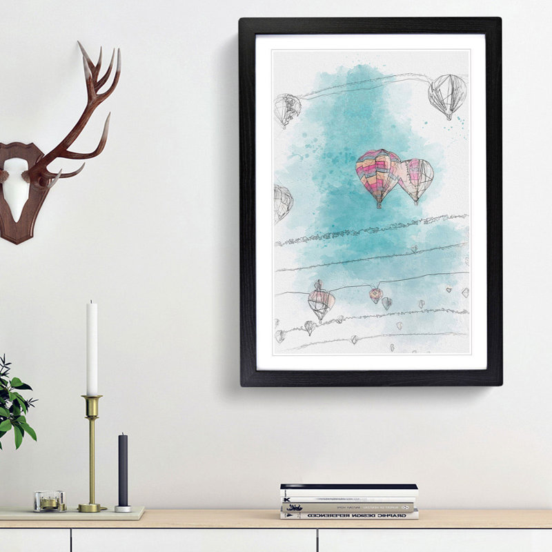 Hot Air Balloons on the Rise in Abstract - Picture Frame Graphic Art Print, 36cm H x 27cm W x 2cm D, Black Framed
