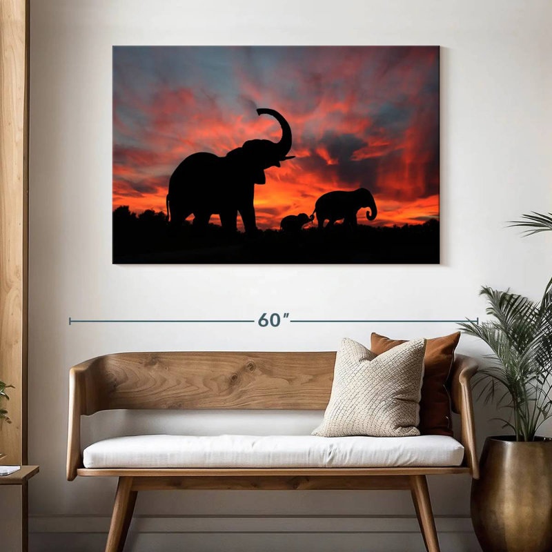 Silhouette d'éléphant au coucher du soleil, H 32 po x l 48 po