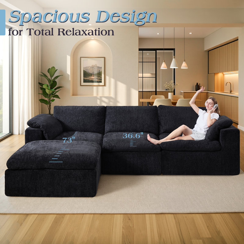 130" Cloud Modular Compression Sectional Sofa with 83.5" Extra Deep Chaise, Oversized No-Assembly Sectional Couch in Black Chenille
