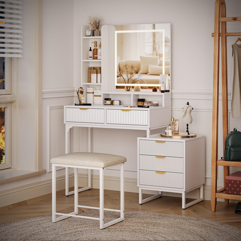 Makeup Vanity Desk With Mirror And Lights, Vanity Table With 5 Drawers, Vanity Set With Stool, White