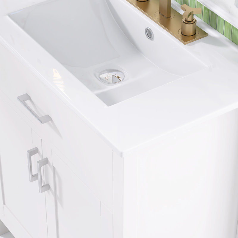 29.9'' Freestanding Single Sink Bathroom Vanity with Ceramic Top, White