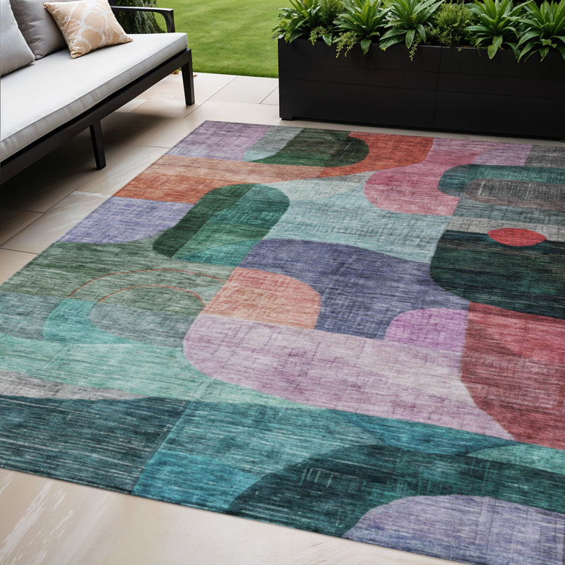 Tapis extérieur lavable abstrait mauve et bleu 5 pi x 8 pi vert