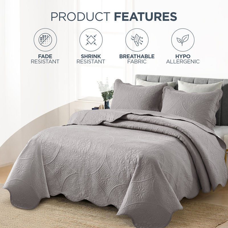 Elegant Floral Embossed Bedspread Set With Pillow Shams – Lightweight Quilted Bedding, Machine Washable, Silver