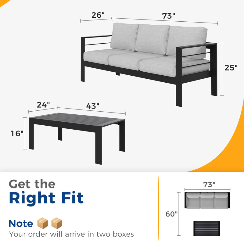 3-Person All Aluminum Outdoor Conversation Set With Cushions, Gray, 2 Pcs: Coffee Table, Sofa, Black
