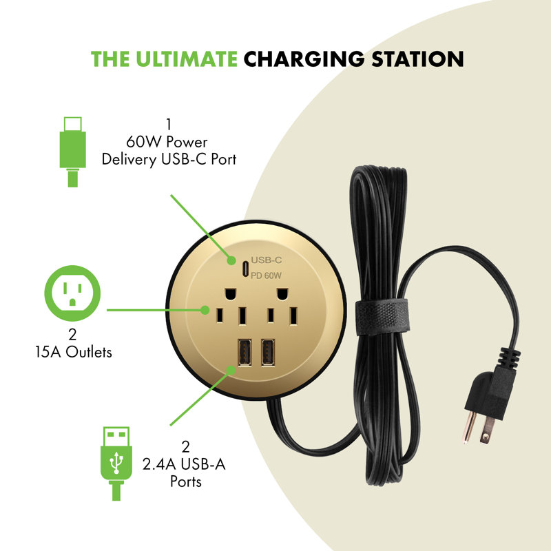 TOPGREENER GaN Desk Grommet with 65W PD - Gold, Gold