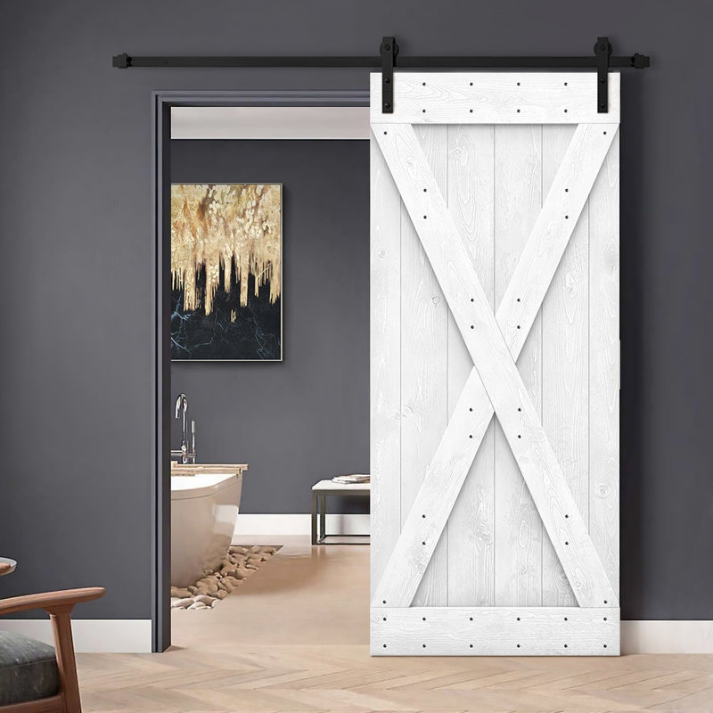 Porte de grange à panneaux et en bois avec quincaillerie d'installation, Chêne vieilli, 38 po x 84 po, Noir mat