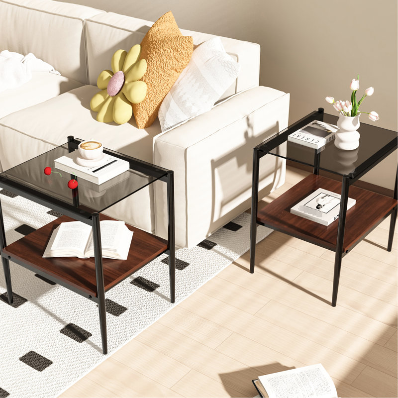 Table de bout élégante en verre trempé gris avec 2 tablettes pour l'espace de vie Tables élégantes - Support de table