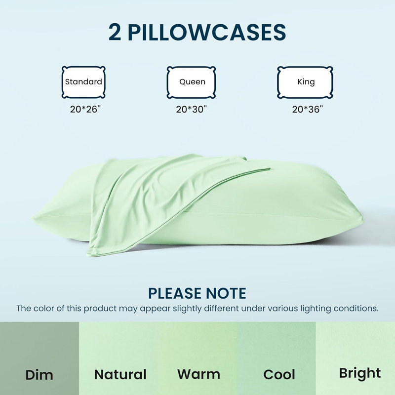 SLEEP ZONE Nanotex Cooling Pillowcases - 2 Pack, Silky Pillow Cases for Hair and Skin, Breathable Bedding for Summer and Hot Sleepers, Zippered Pillow Covers(Cooling Green, Queen)