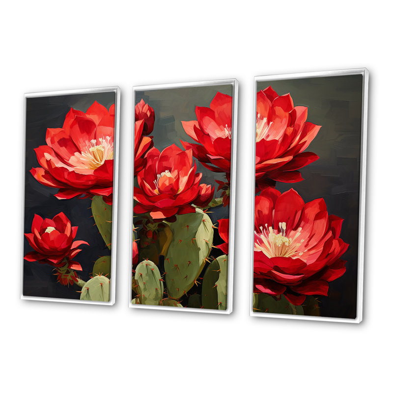 Cactus bourgogne fleuri - ensemble d'art mural floral cactus, Cadre flottant blanc, H 28 po x l 36 po x P 1 po
