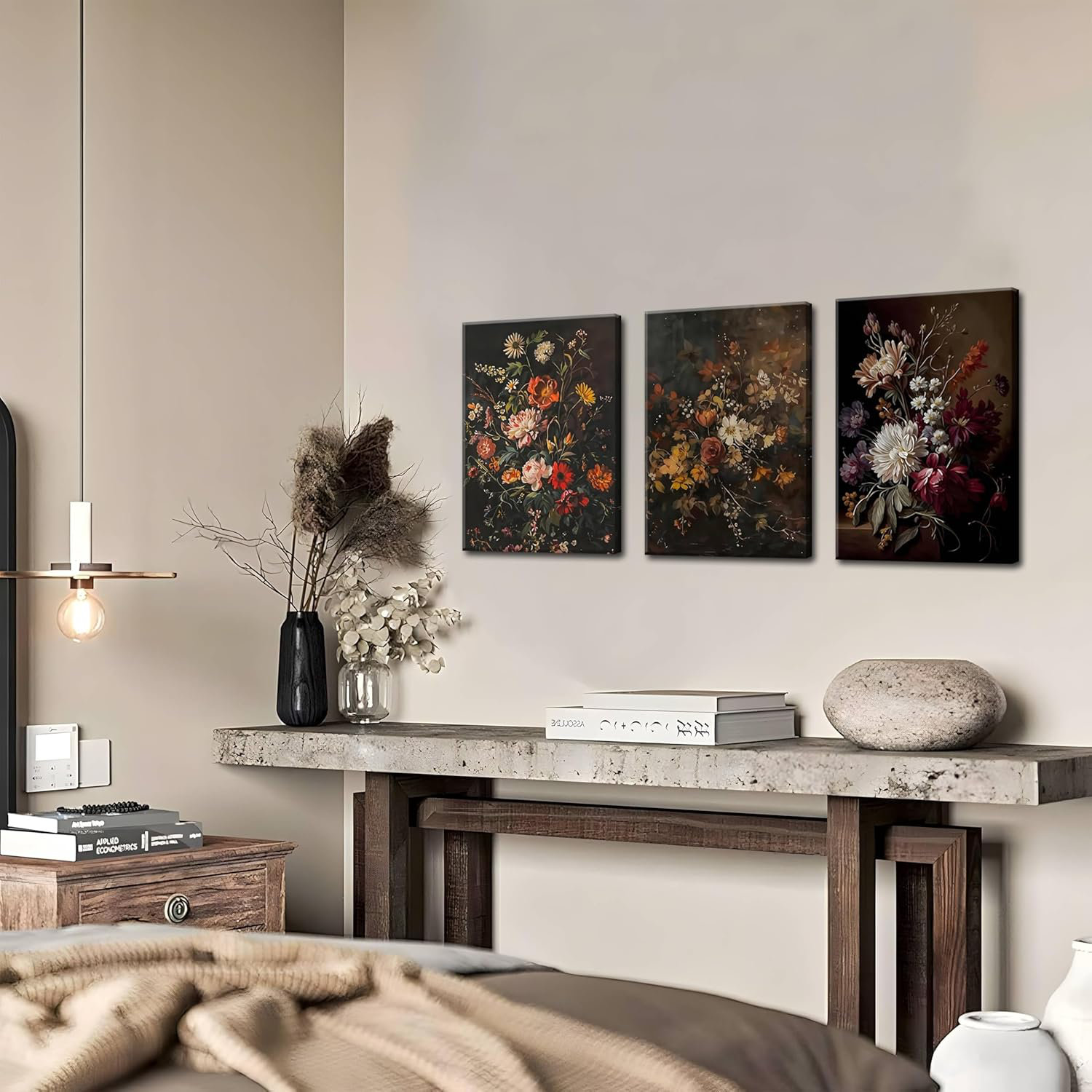 Winston Porter Framed 3Pcs Dark Floral Canvas Wall Art Set Dark ...