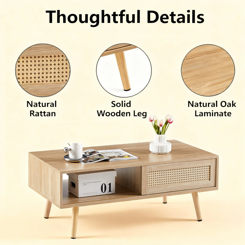 41.3" Rectangular Engineered Wood Coffee Table with Rattan Sliding Door, Oak, Oak