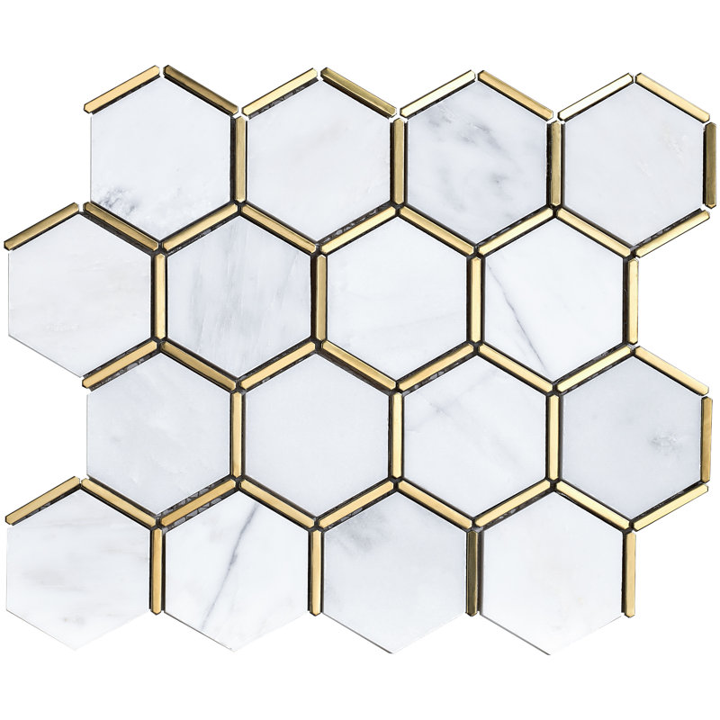 Natural Bianco 3" x 3" Marble Honeycomb Mosaic Wall Tile, White/Gold